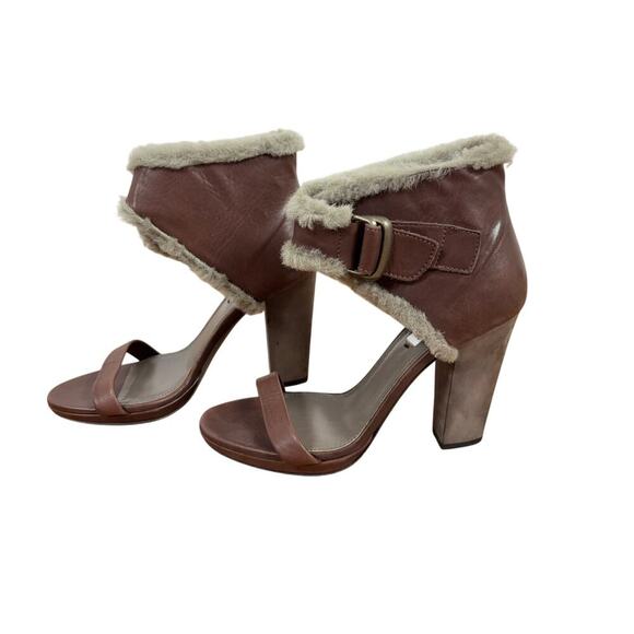 B45 BRUNELLO CUCINELLI Leather Fur Trim Heels Block Sandals EU 36 US 6 - Picture 3 of 12